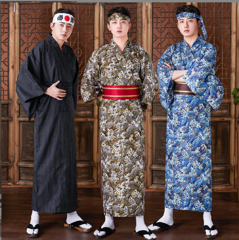 Wholesale New Fashion Men Japanese Kimono Robe Home Long Pajamas Bathrobes Traditional Samurai Kimono Gown Set