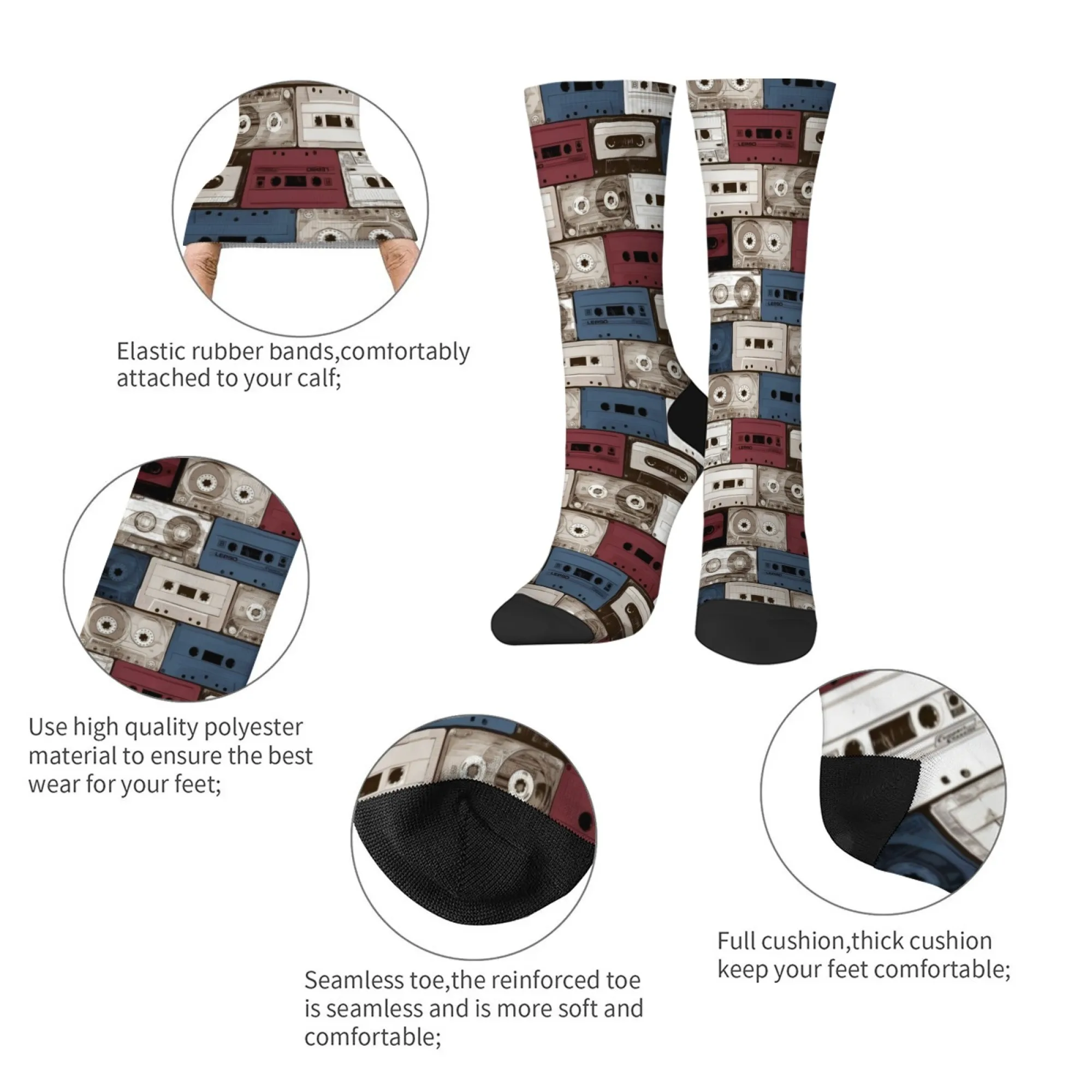 ถุงเท้าผู้ชายลายวินเทจ ดีไซน์เครื่องเล่นเทปคาสเซ็ต ไอเดียของขวัญสำหรับงานเทศกาลดนตรี ถุงเท้าข้อสั้นผ้าโพลีเอสเตอร์สไตล์เรโทร นุ่มและทนทาน