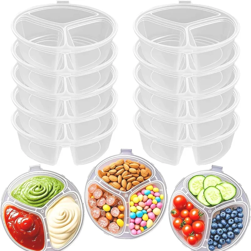 5–20 Stück Snackbox mit 3 Fächern und Deckel, transparente, tragbare Dip-Sauce-Box zum Aufbewahren von Dip-Saucen, Gewürzen, Obst