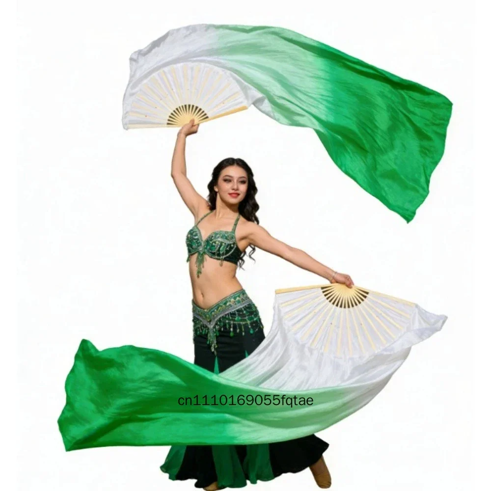 Women Kids Green Silk Belly Dance Fan Veil Foldable Flowy Lightweight Bamboo Frame 150 180cm Stage Party Performance Dance Prop