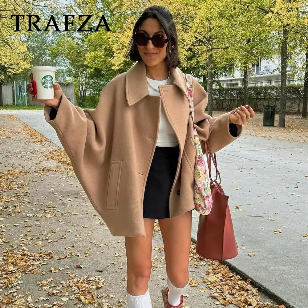 TRAFZA 2023 Autumn Winter Women Casual Solid Coats Fashion Streetwear Turn Down Collar Loose Demi-season Long Jacket For Women