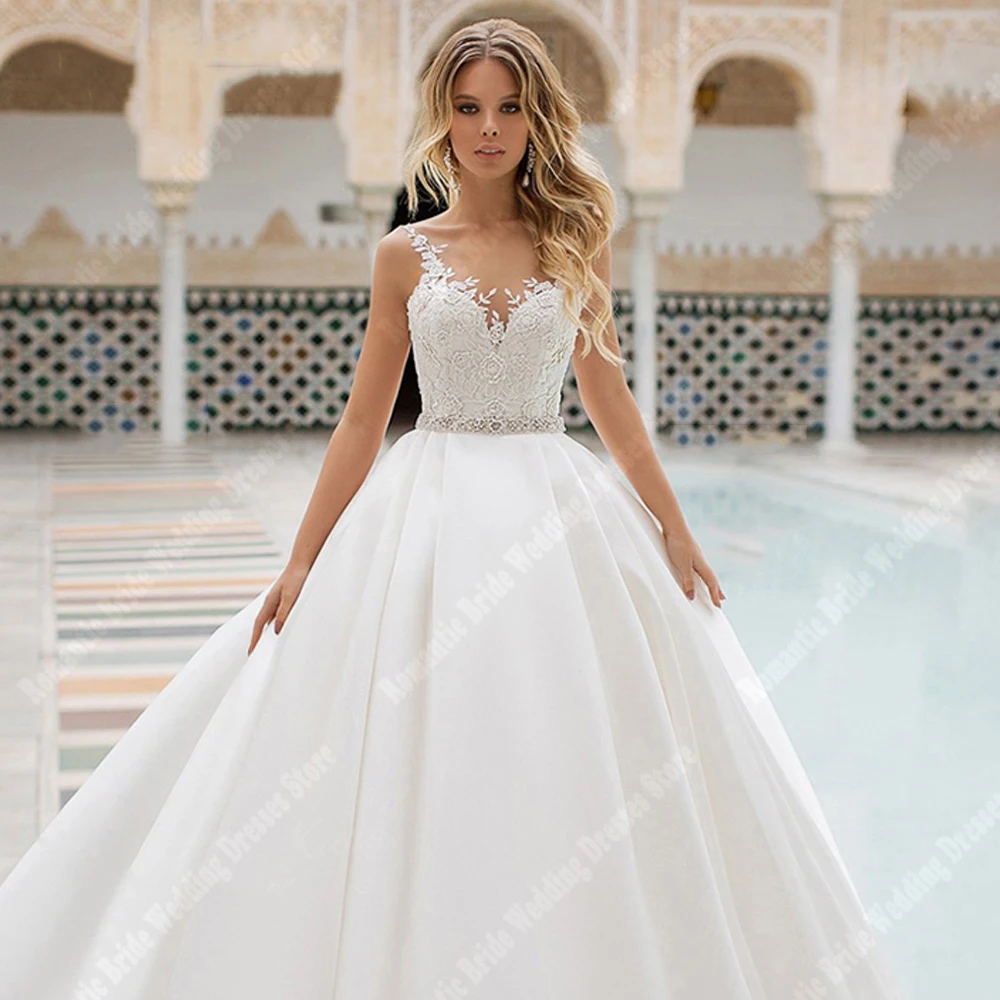 Vestidos de novia elegantes con cuello en V para mujer, vestido de línea a de superficie de satén con correa de hombro de flores, longitud de fregado, bata de princesa brillante, el más nuevo