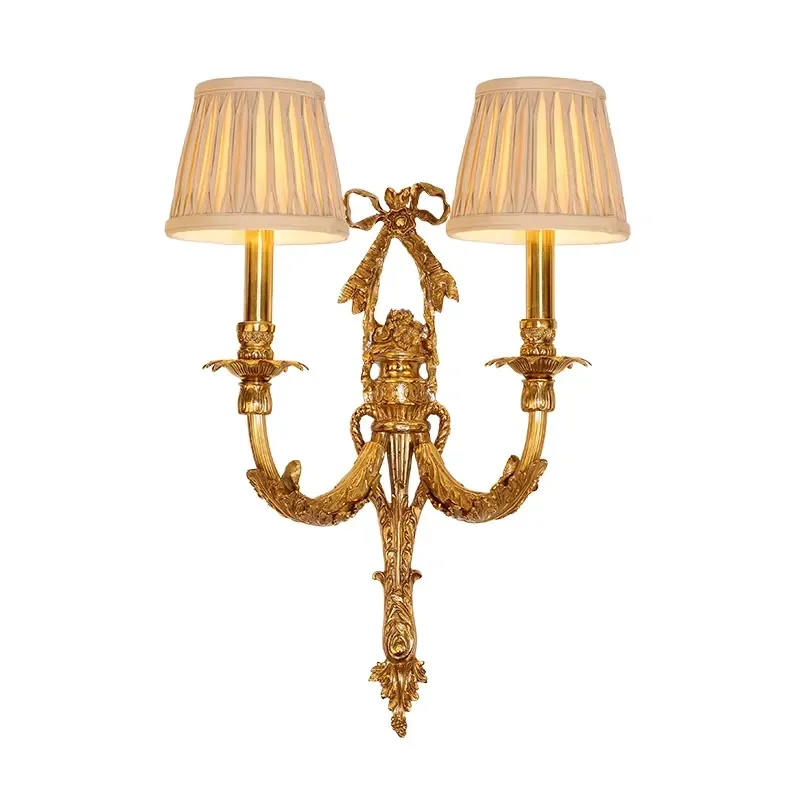 Vintage Brass Wall Sconce with Fabric Shade European Baroque Style Copper Candle Light Fixture for Luxury Living Room Hotel