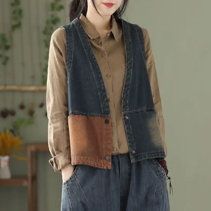 Retro Art Cowboy Vest Women's Autumn New Style High End Western Style Loose and Casual Collarless Horse Clip Women