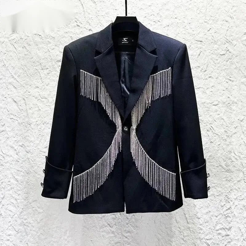 New Personalized Men's Suit Jacket Rock Metal Tassel-decorated Stylish Stage Performance Design Blazer XA3D