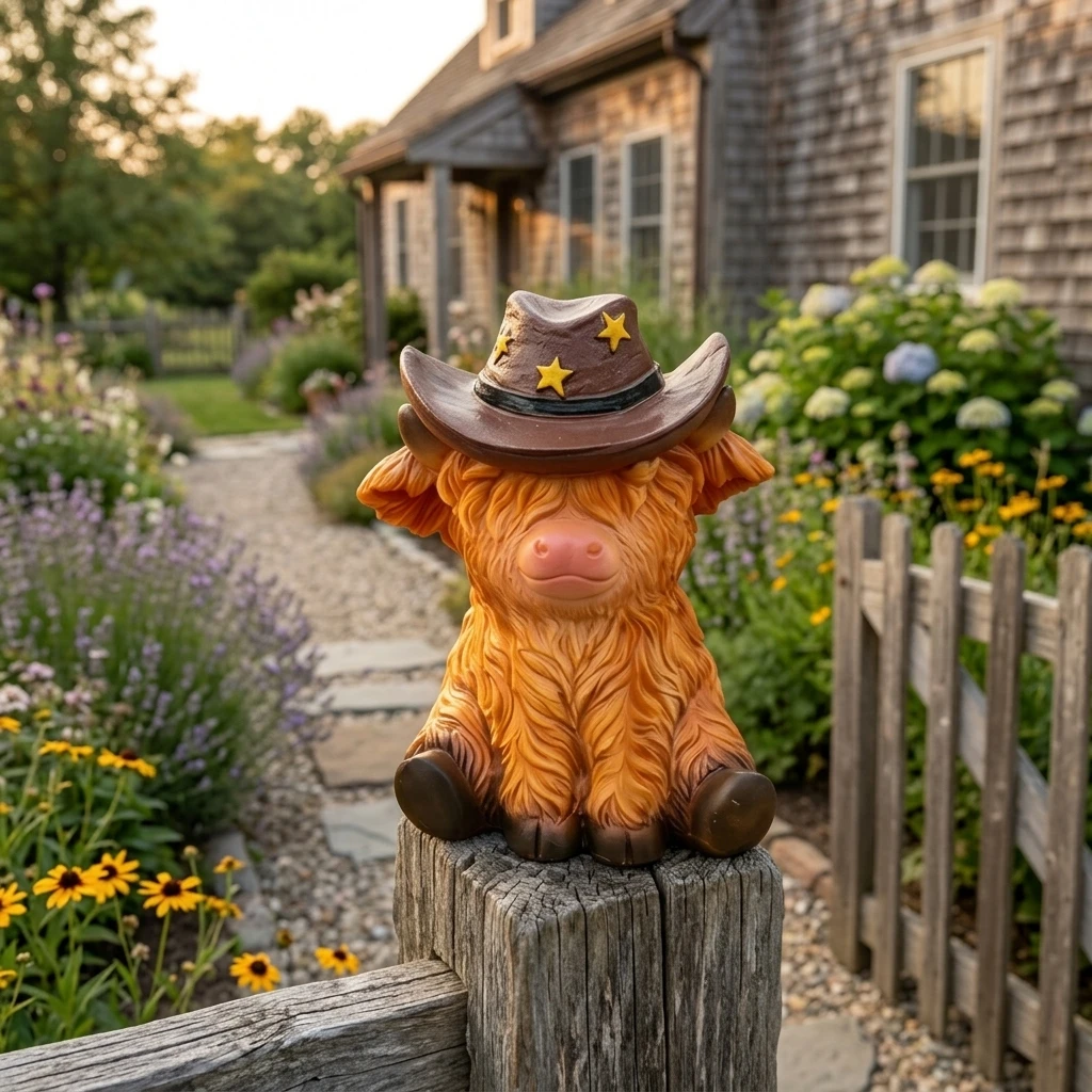 Highland-Cow Resin Statue With Cowboy Hat Farmhouse Garden Tabletop Decor