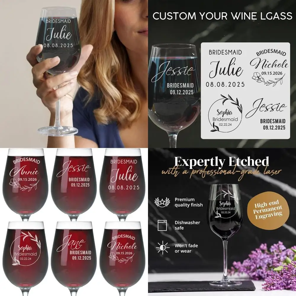 

Custom Engraved 17oz Stemmed Wine Glasses Set - Monogram Bridesmaids & Bride Wedding Party Gifts (Set of 6)