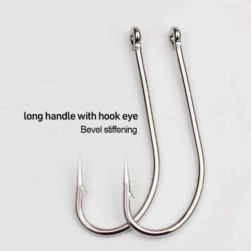 Hameçons de pêche à longue tige avec œillet, gabarit en acier au carbone, crochets barbelé pointus, pêche en eau salée, carpe, outil, 50 pièces