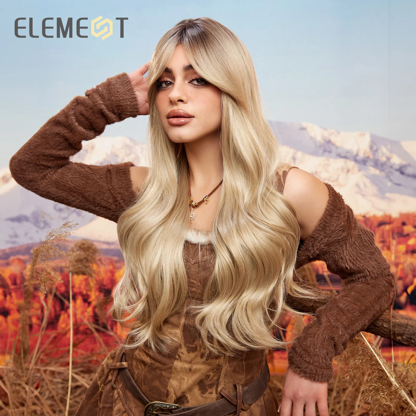 ELEMENT Synthetic Long Wavy Curly Ombre Blonde Color Wig Hair with Side Bang for Women Ladies Heat Resistant Party Daily Hair