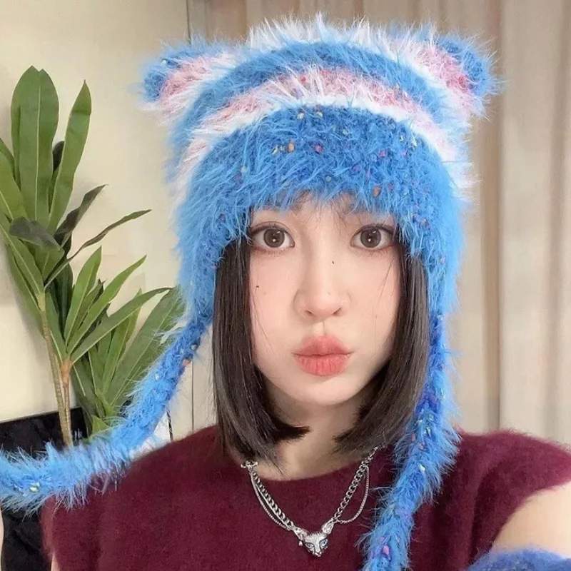 Cat Ear Contrast Stripe Splicing Handmade Colorful Dot Imitation Mink Velvet Hat Cute Little Sister Ear Protection Warm Hat