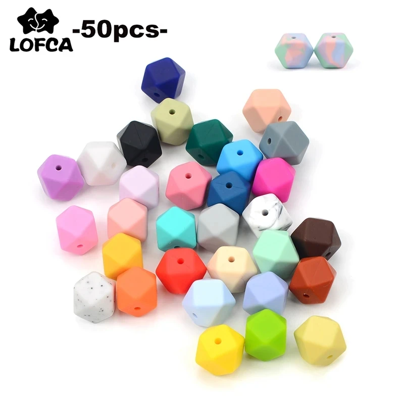 LOFCA 50 Uds. Mini cuentas hexagonales de silicona de 14mm, mordedor para bebé sin BPA, collar DIY, cadena de chupete, cuidado de la dentición del