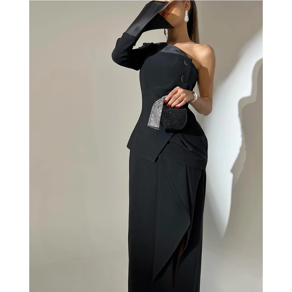 

Exquisite Pleats Buttons Front Slit Evening Dresses Modern Straight One Shoulder Jersey Long Sleeves Party Gowns فساتين سهرة