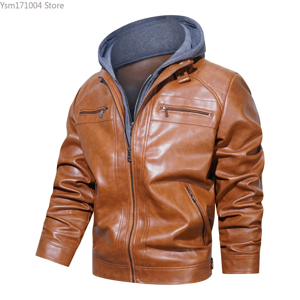 Men's leather jacket hooded solid color warm motorcycle jacket camera hombre invierno men's jacket American trendy men's jacket