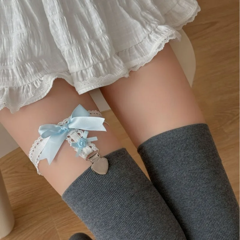 Liga de pierna de corazón rosa con lazo negro coreano, joyería hasta el muslo de encaje para moda alternativa, accesorio de arnés Sexy para chica guuda, 1 unidad