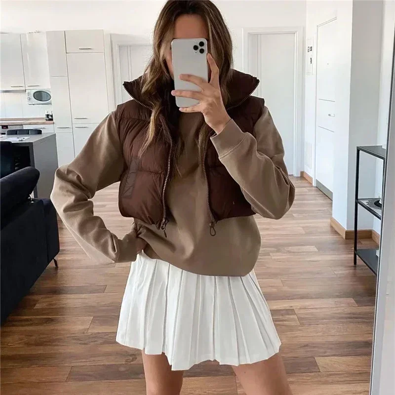 Women Warm Crop Waistcoat Sleeveless Stand Collar Double Sided Lightweight Cropped Puffer Vest Jacket Female Coat Top Autumn