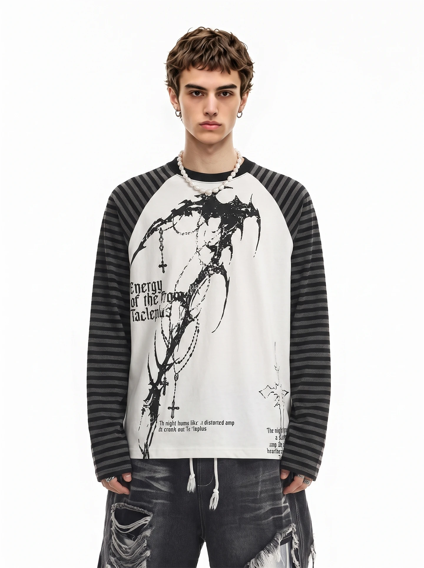 BETEBULE American Retro Subculture Print Striped Long Sleeve Men's T-shirt Loose Fit Autumn New Style Casual Comfortable Top