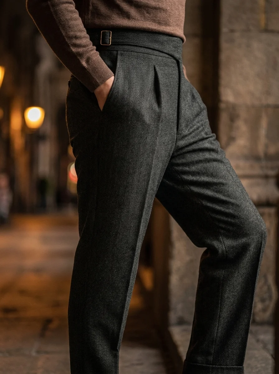 Men's Herringbone Tweed High Waist Naples Trousers Double Pleated Side Adjuster Vintage Business Wedding Dress Pants