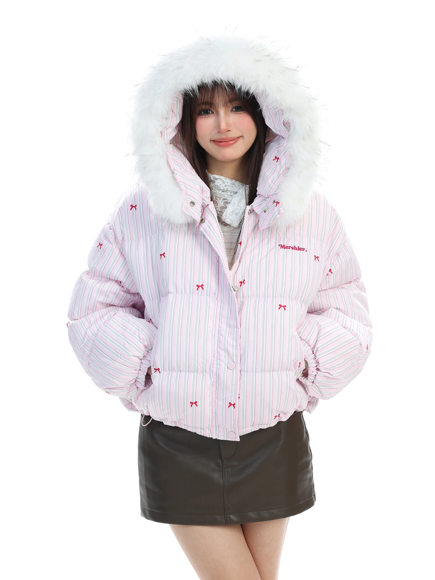 

Розовая хлопковая куртка с меховым воротником и капюшоном, женская утепленная теплая зимняя куртка свободного кроя с завязками