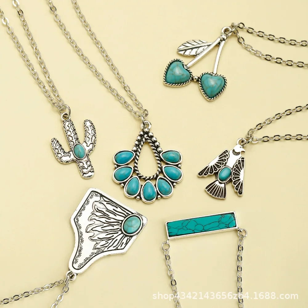 

Customized turquoise necklace, retro alloy pendant, ethnic style necklace pendant wholesale, Bohemian