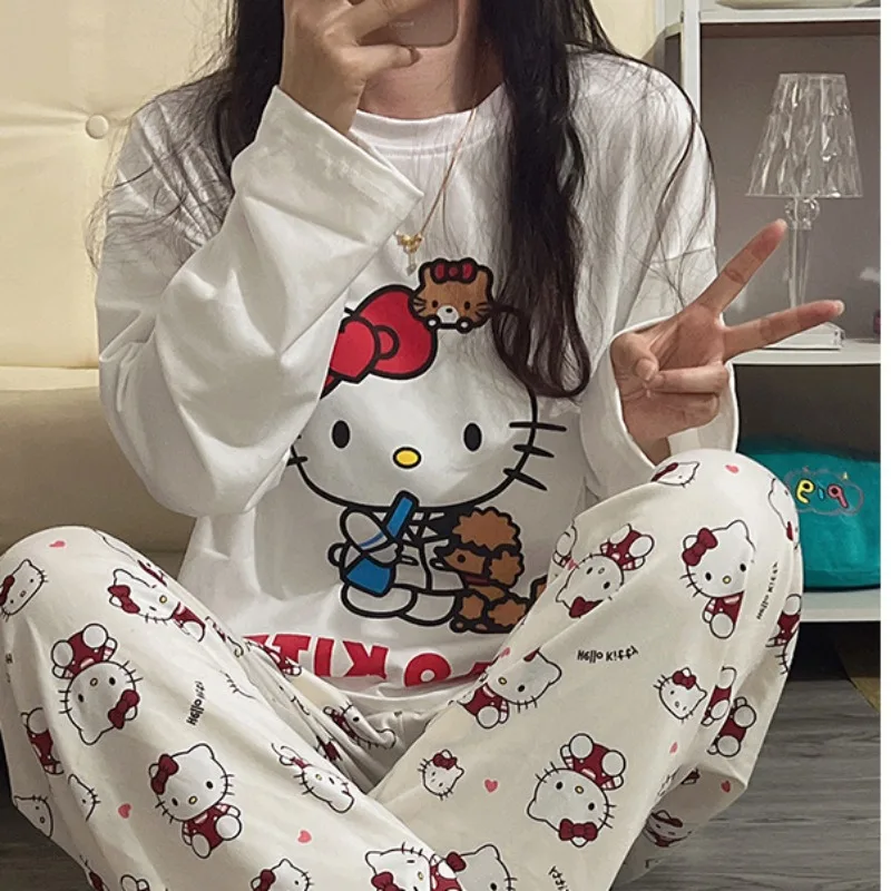 2024 Autumn Sanrio Pajamas Women Loose Round Neck Cute Kitty Homewear Simple Leisure Long-Sleeved Long Pants two-piece Suit