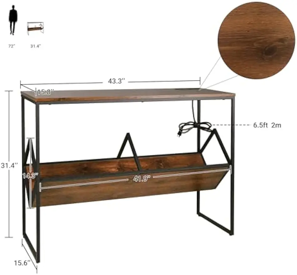 Mesa Console Comfort Corner Industrial Millwork, 43 "com Tomadas e Portas USB