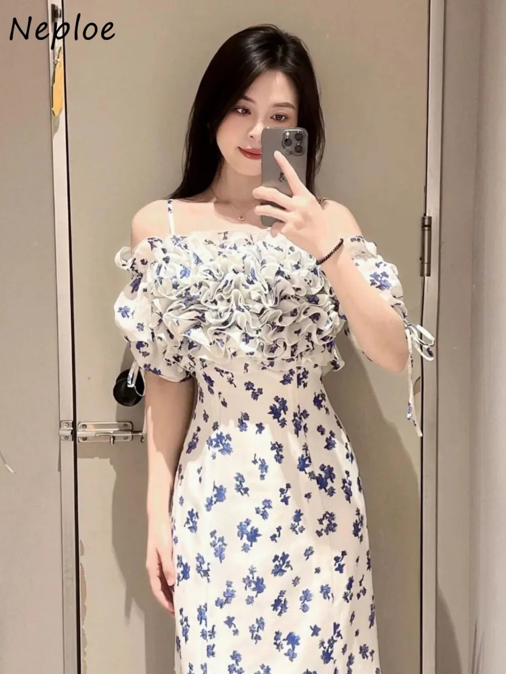 Neploe New Slash Neck Puff Sleeve Print Robe Off Shoulder Ruffles Elegant Sling Dress Japan Sweet Lace Up Drawstring Vestidos