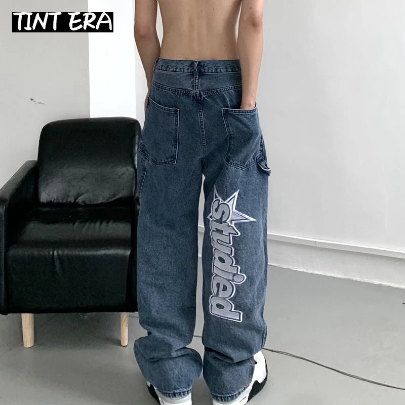 

TINT ERA Hiphop Letter Embroidery Y2K Denim Jeans Loose Straight Pants