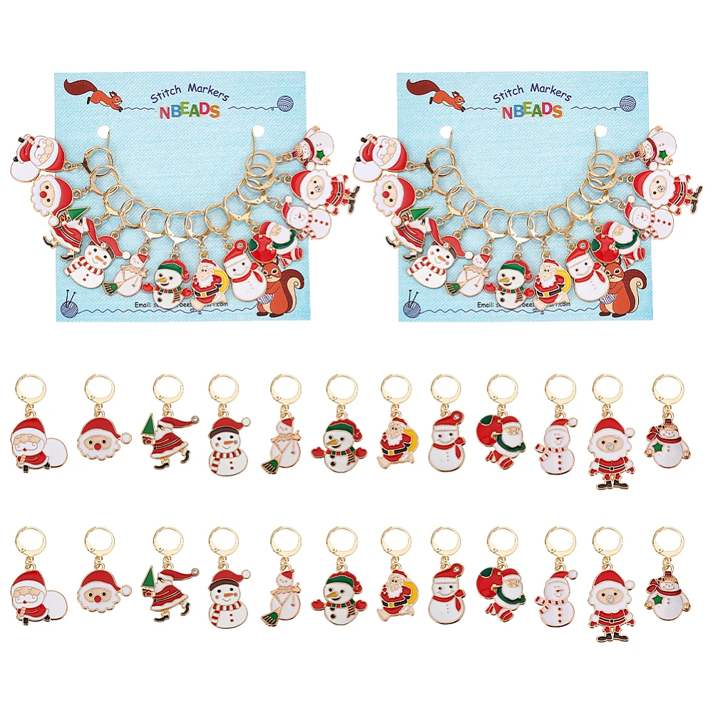 

24Pcs Christmas Theme Alloy Enamel Santa Claus/Snowman Charm Locking Stitch Markers Golden Tone 304 Stainless Steel Clasp