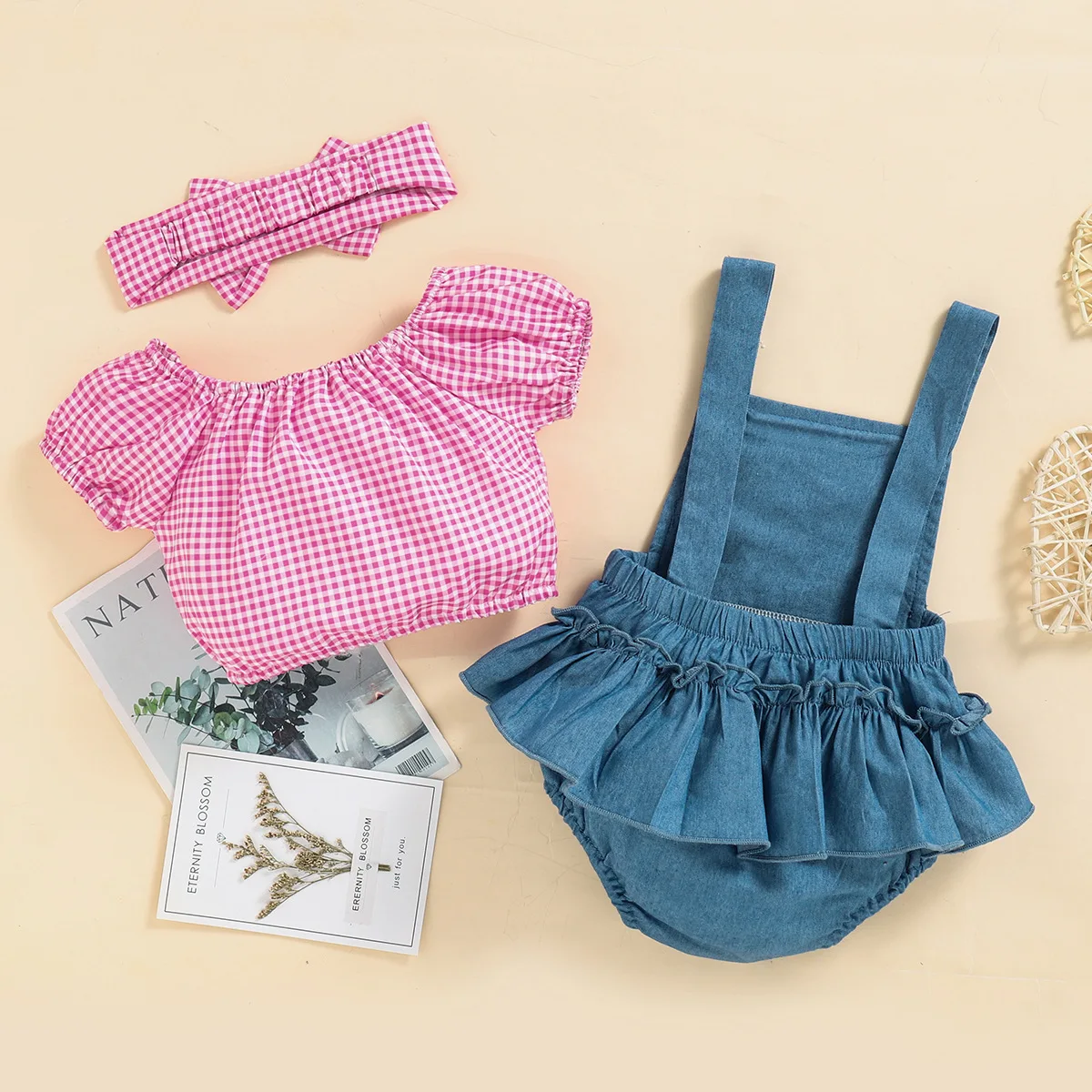 Summer New Baby Girl Plaid Short-Sleeved Top Denim Triangle Bag Bodysuits + Headscarf Romper Clothes Three-Piece Sets