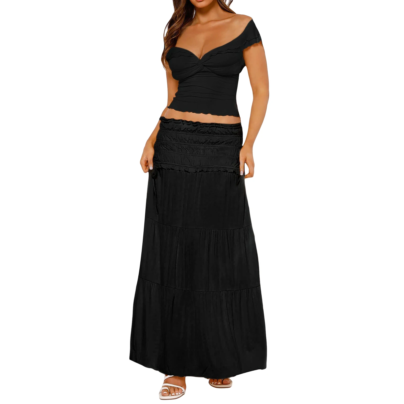 Combhasaki Womens Y2K Vintage Summer 2 Piece Outfits Lettuce Trim Off-Shoulder Tops+Elastic Ruched Long Skirt Set for Streetwear