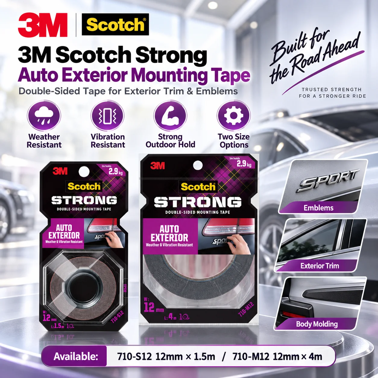 3M Scotch 710-S12 710-M12 Strong Auto Exterior Double Sided Mounting Tape Weather Resistant For Car Trim Emblems 12mm x 1.5m/4m