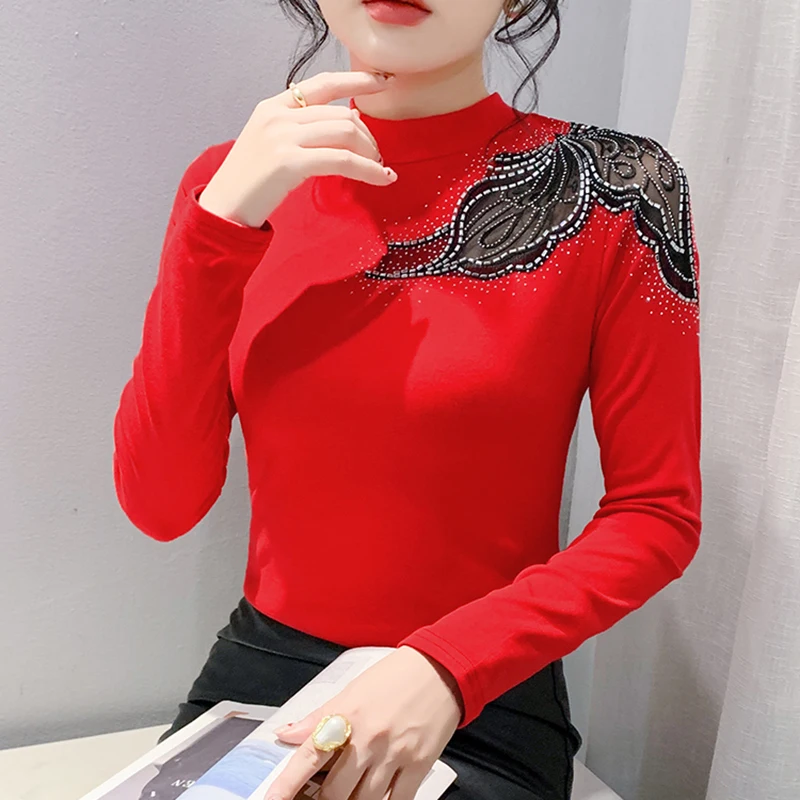 New 2026 Spring European Street Long Sleeve Round Neck Tops Fashionable Hollow Lace Hot Diamond Women Mesh T-Shirt Black Red Tee