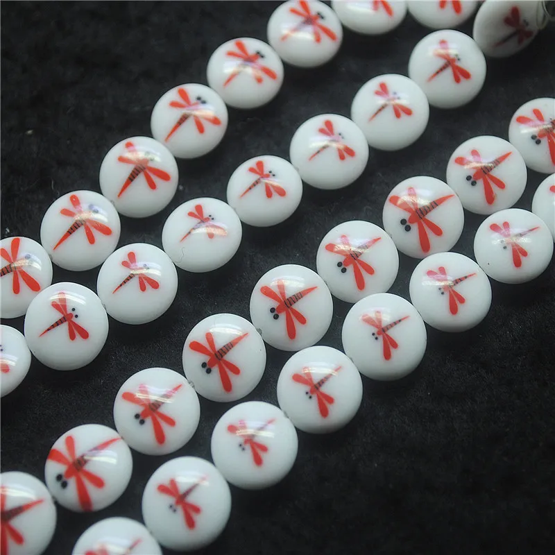 26PCS New White Glass Beads Coin Shape 12MM Coin Shape DIY Jewelry Accessories Two Faces Of Dragonfly