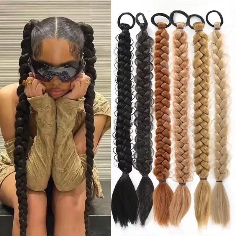 Synthetic Long Braided Ponytail With Rubber Band Boxing Braids For Women Hair Accessories 24Inch Black Braids Daily Use