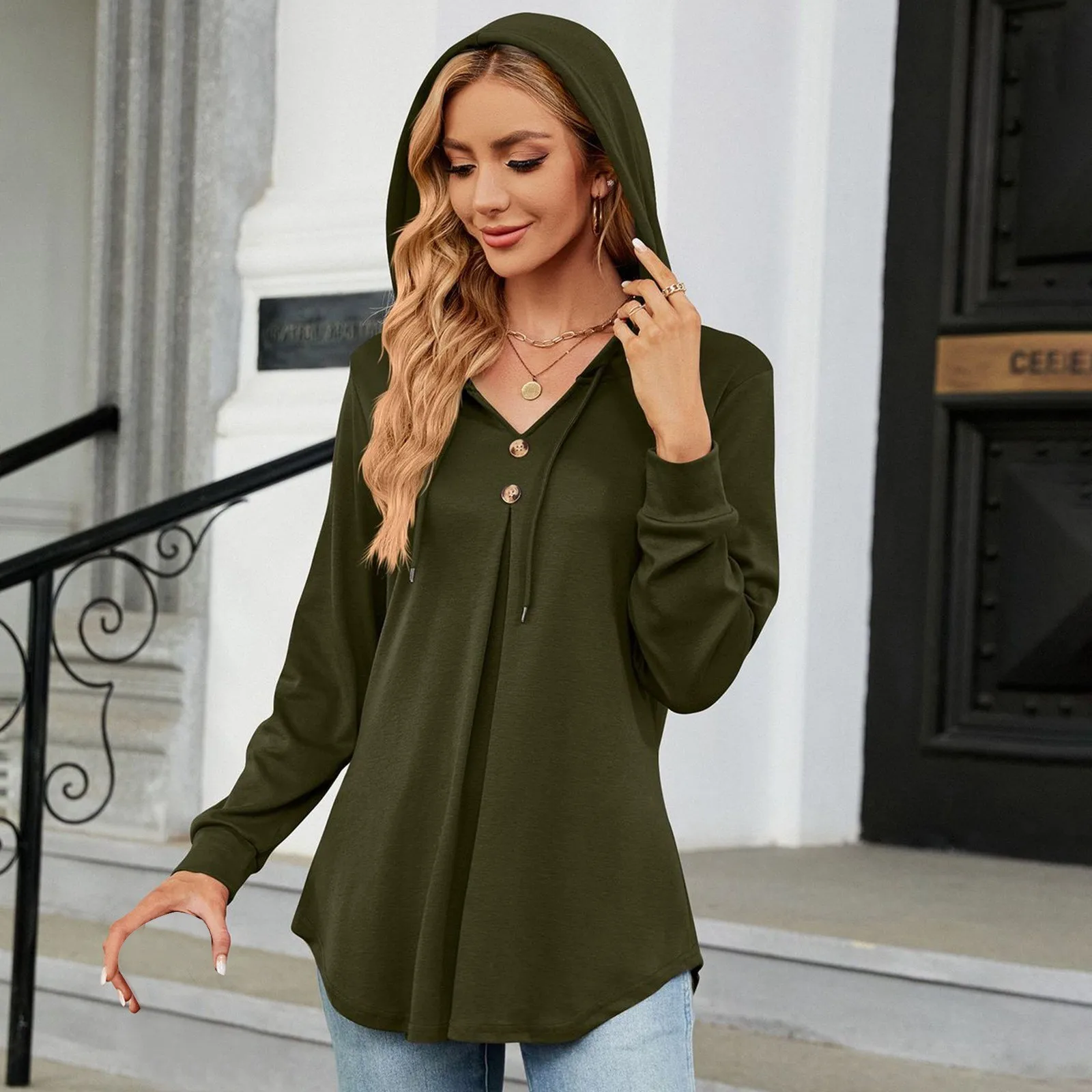 Women's Hooded 2023 Fashion Clothing Autumn Winter Long Sleeve Button Solid Color Sweatshirts Loose Oversized Hoodie Pullover