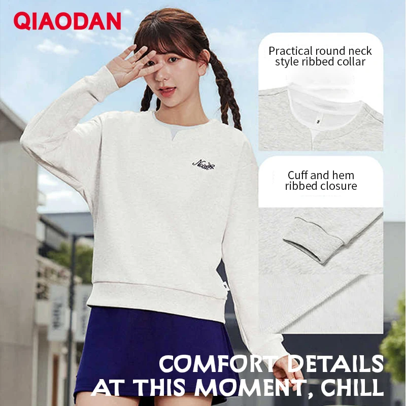 QIAODAN Women's Fake Two-Piece Sweatshirts 2025 Winter New Loose Pullovers Crew Neck Long Sleeve Patchwork Tops QXLWD2253029