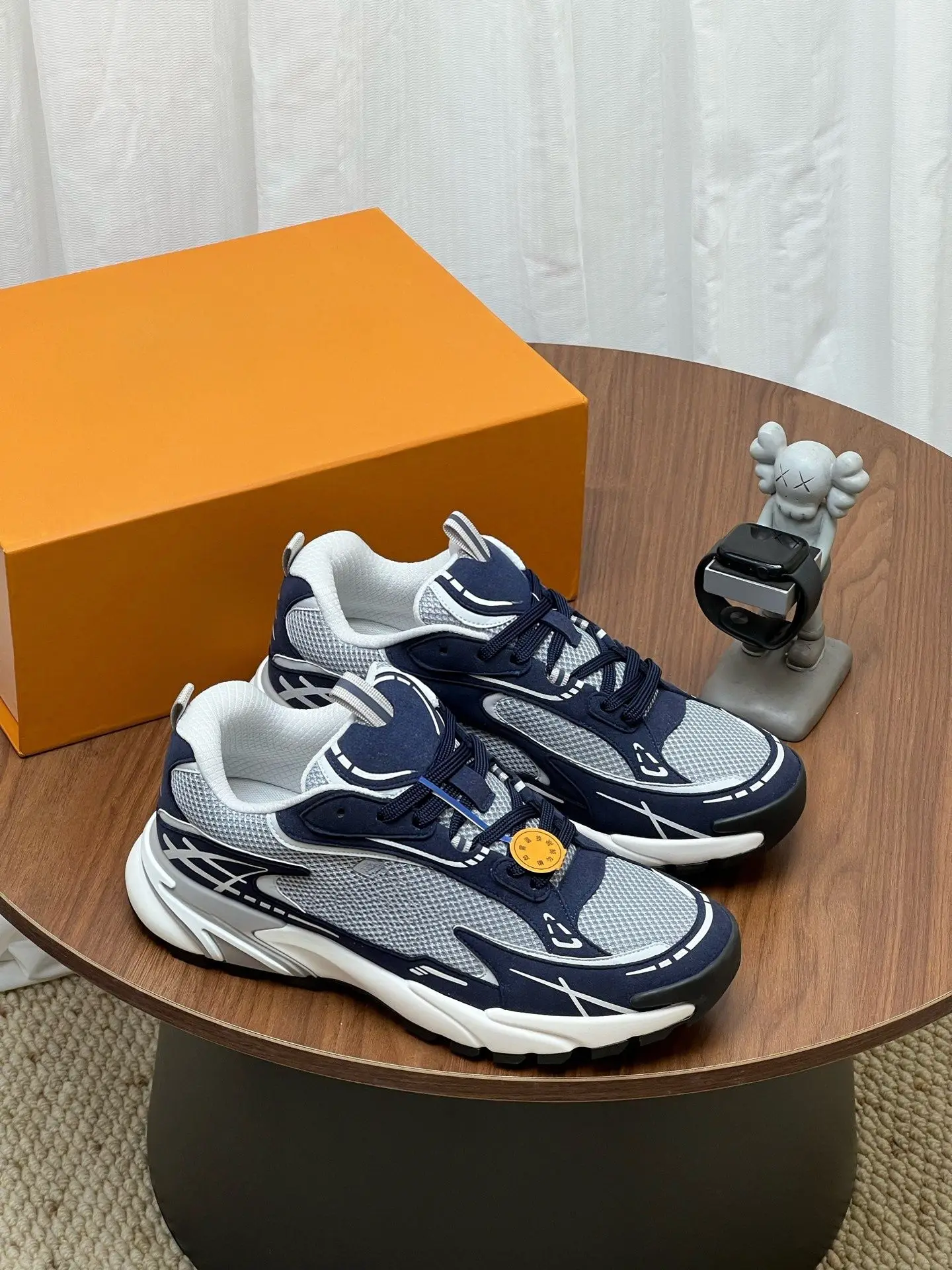 Unisex Navy Grey Chunky Sneakers Breathable Mesh Suede Splicing Graffiti Line Decor Thick Platform Sole Lace Up Height Increasing Street Dad Shoes