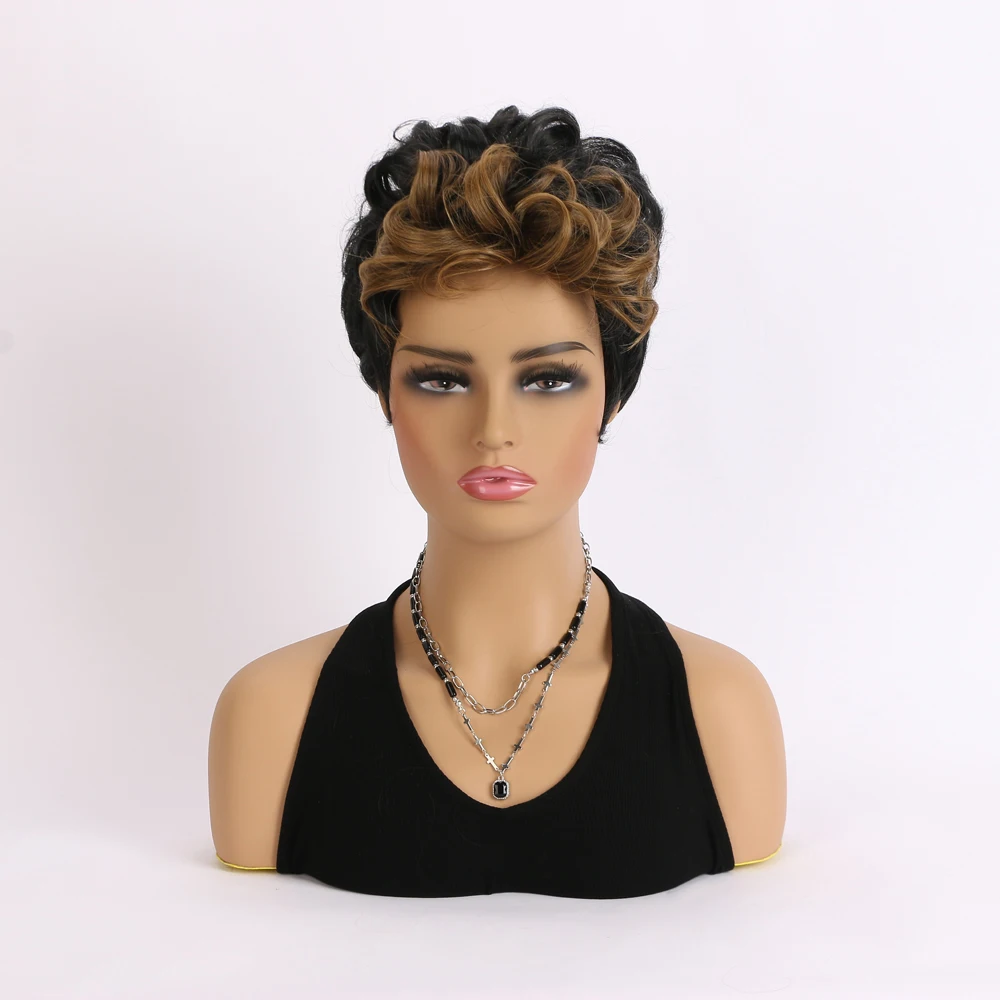 10 Inch Synthetic Black Mixed With Brown Natural Wigs For Women Short Curly Wig Daily Party Halloween Heat Resistant Hair