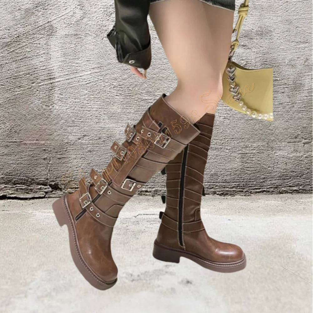 

Brown Buckle Knight's Boots Side Zipper Round Toe Matte Leather High Heel Shoes for Women Heels 2025 New Zapatos Para Mujere