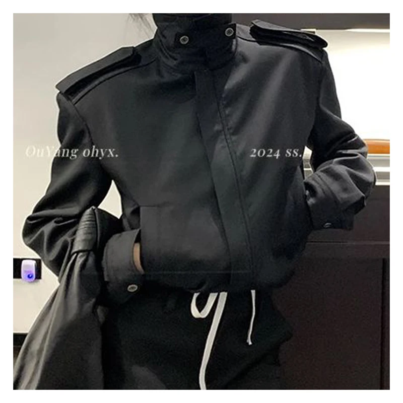 Stand up collar black wide shoulder jacket for women\'s spring new retro short casual jacket top women clothing