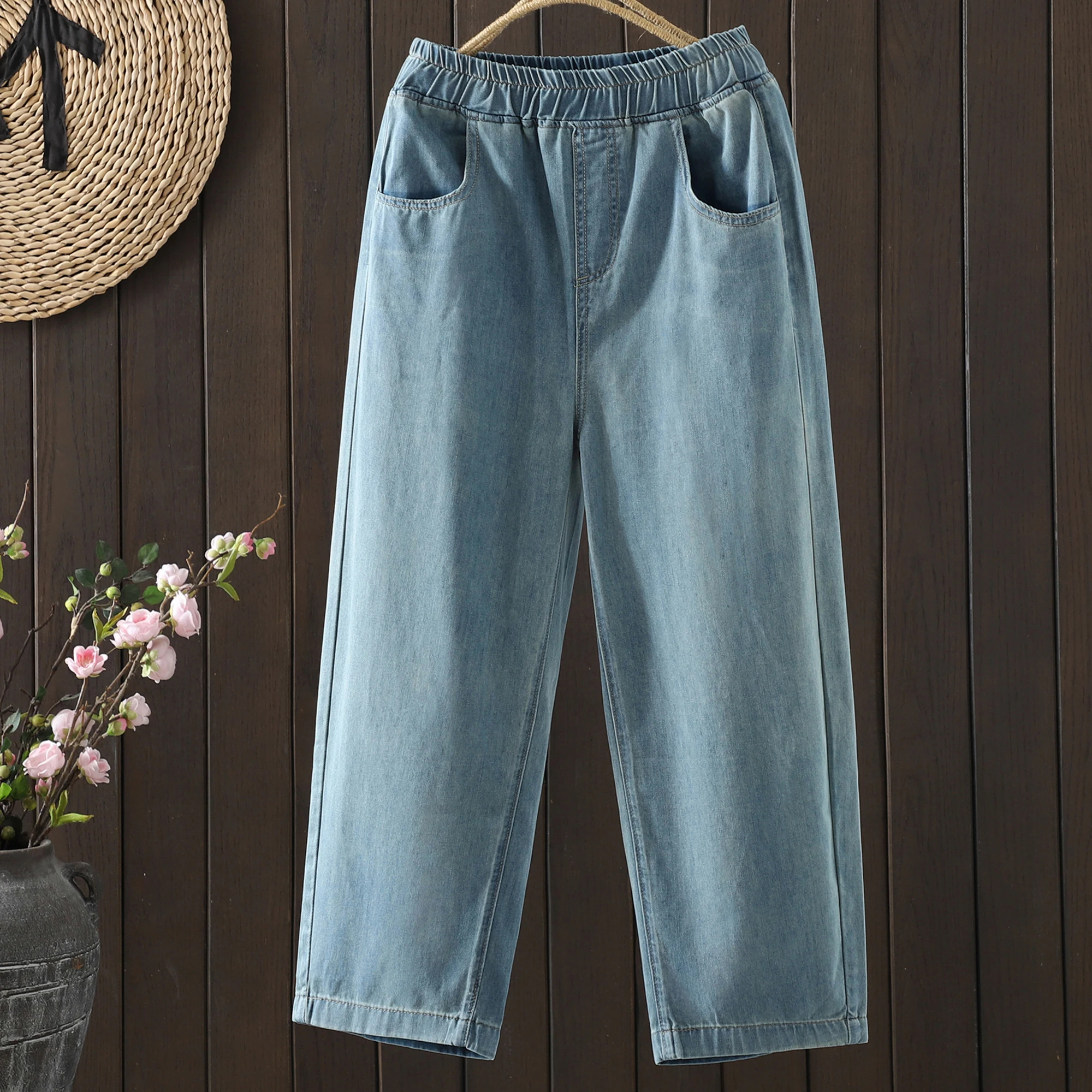 

Summer New Loose Wide Leg Harem Jeans Casual Loose Women's Pants Elastic Waist Cotton Blend Quality Good Light Blue Denim