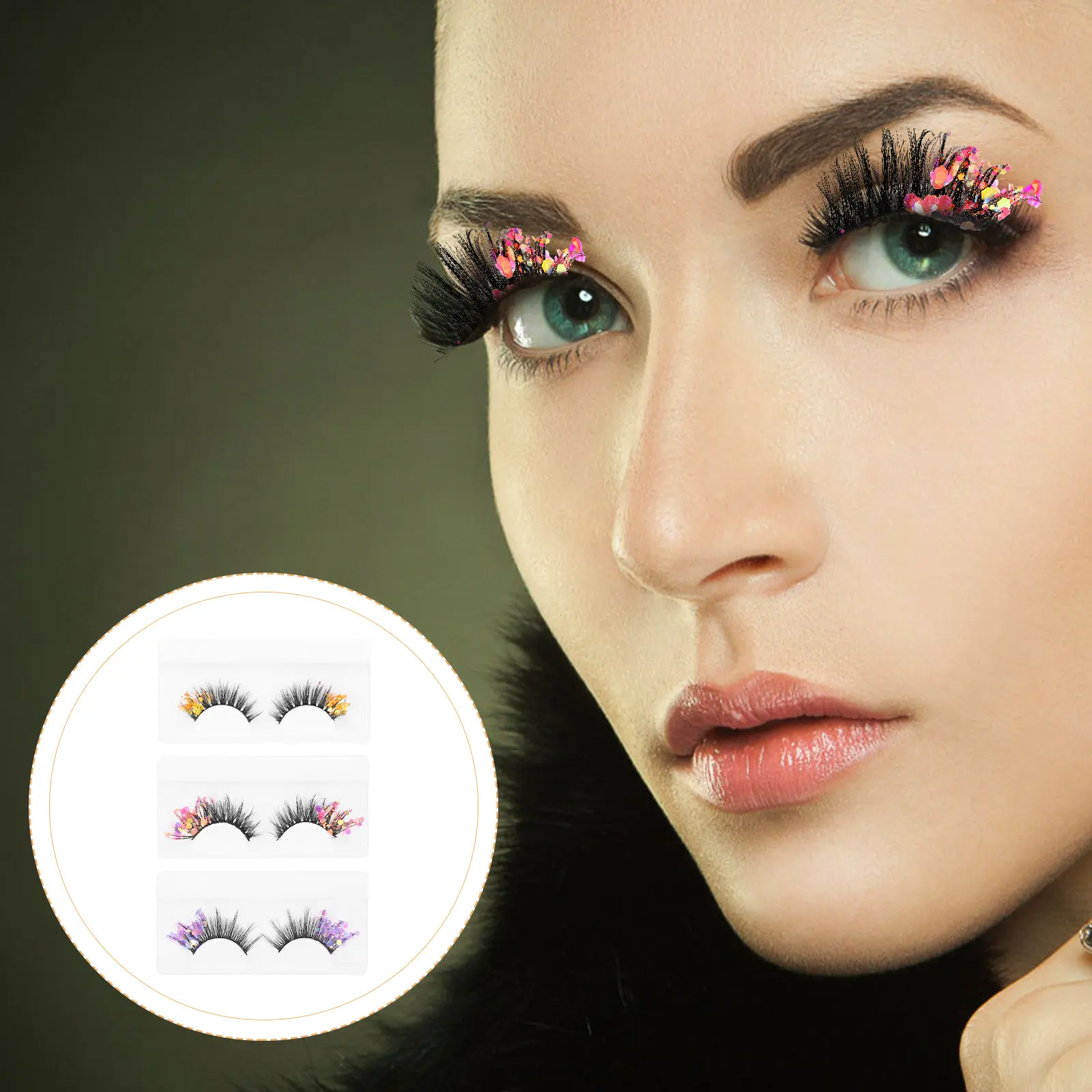 

3Pairs False Eyelashes Glitter Colored Fluorescent Makeup Lightweight Lashes Natural Fake Eyelash Party Cosplay Artificial