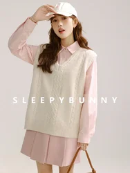 Women Sheep Wool Knit Vest Set Korean Preppy Style Pink Long Sleeve Shirt Pleated Skirt Outfit Casual Spring Fall Fashion 2025