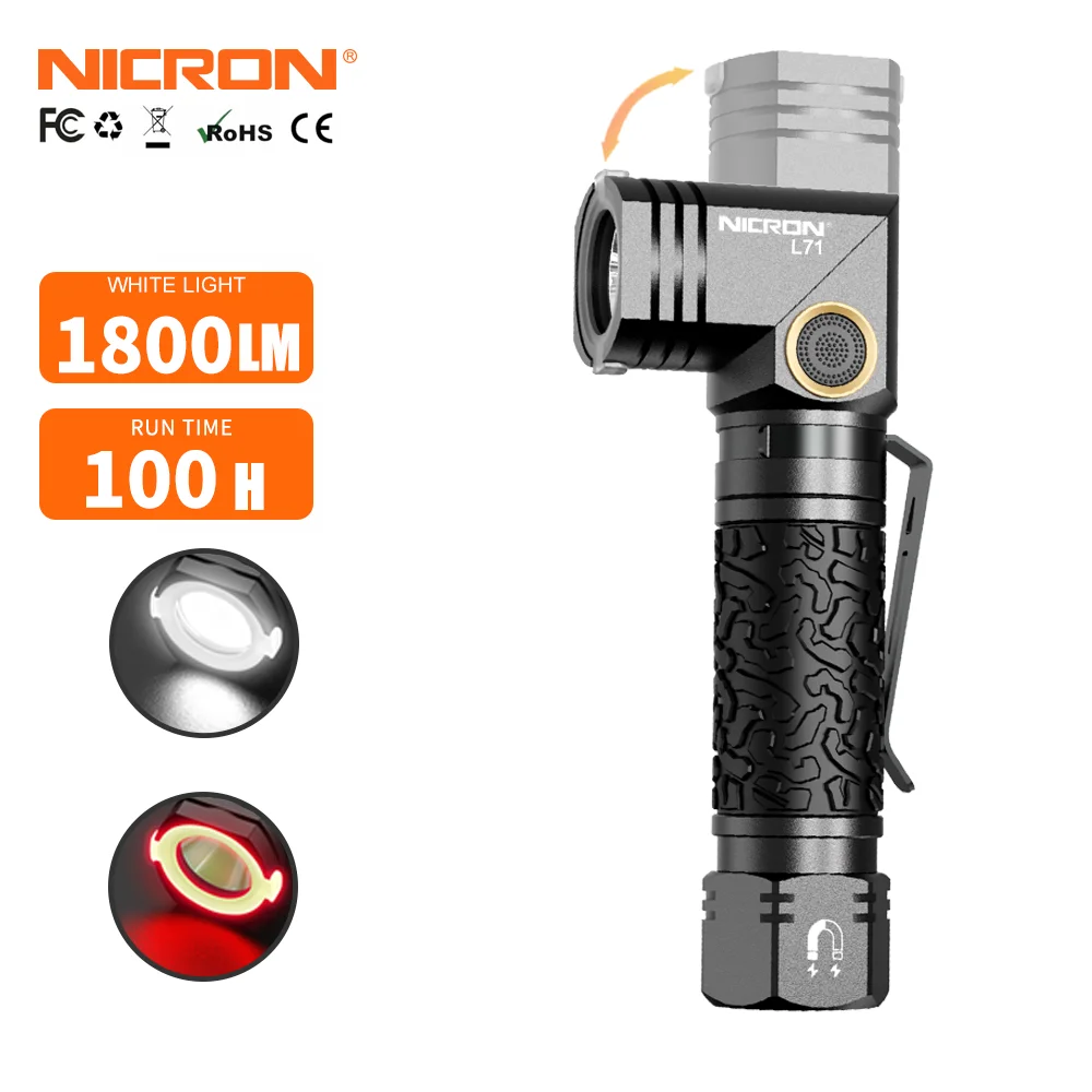 NICRON L71 Tactical Flshlights High Lumens, Type-C Rechargeable Magnetic Flashlight 90 Degree Working Light, IP65 Waterproof