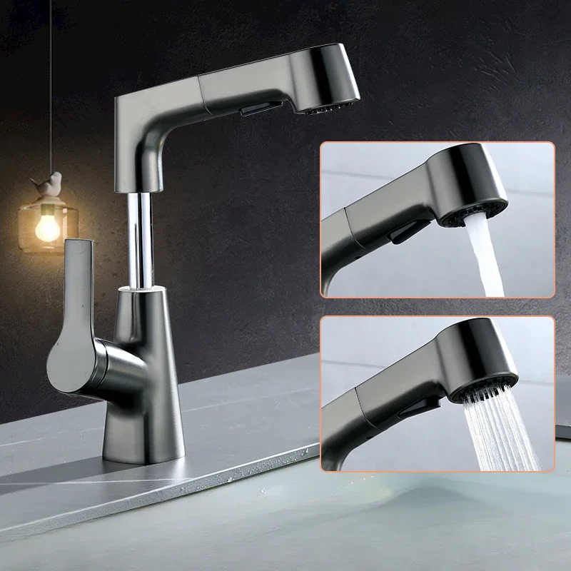 

Luxury Bathroom Faucets Basin Mixer Sink Faucet Rotating Tapware Hot Cold Washbasin Pull Out Lifting Water Tap