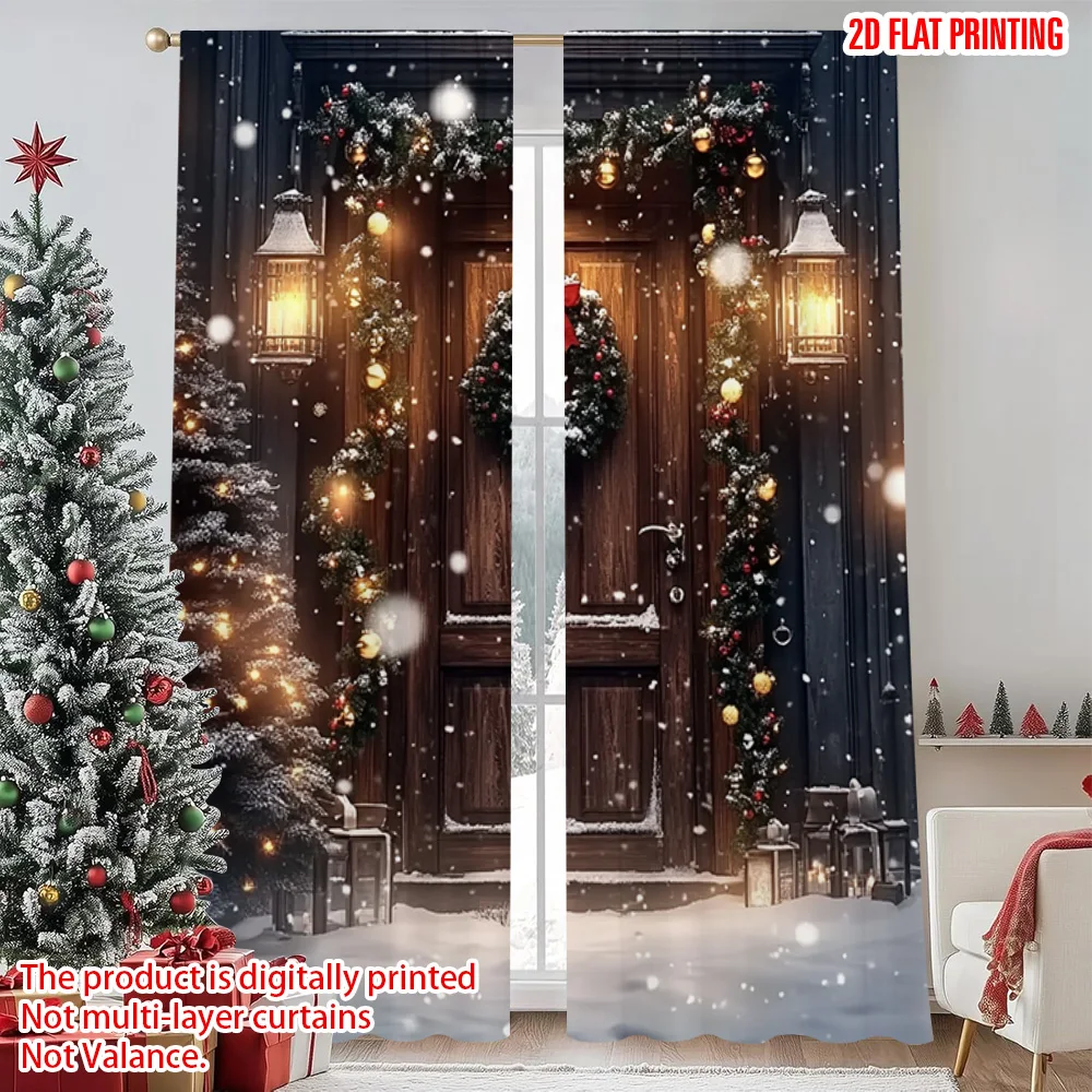 

2pcs 2D flat printing Merry Christmas Popular Window Drapes Christmas trees_ snowflakes and bells Machine Washable Fabric