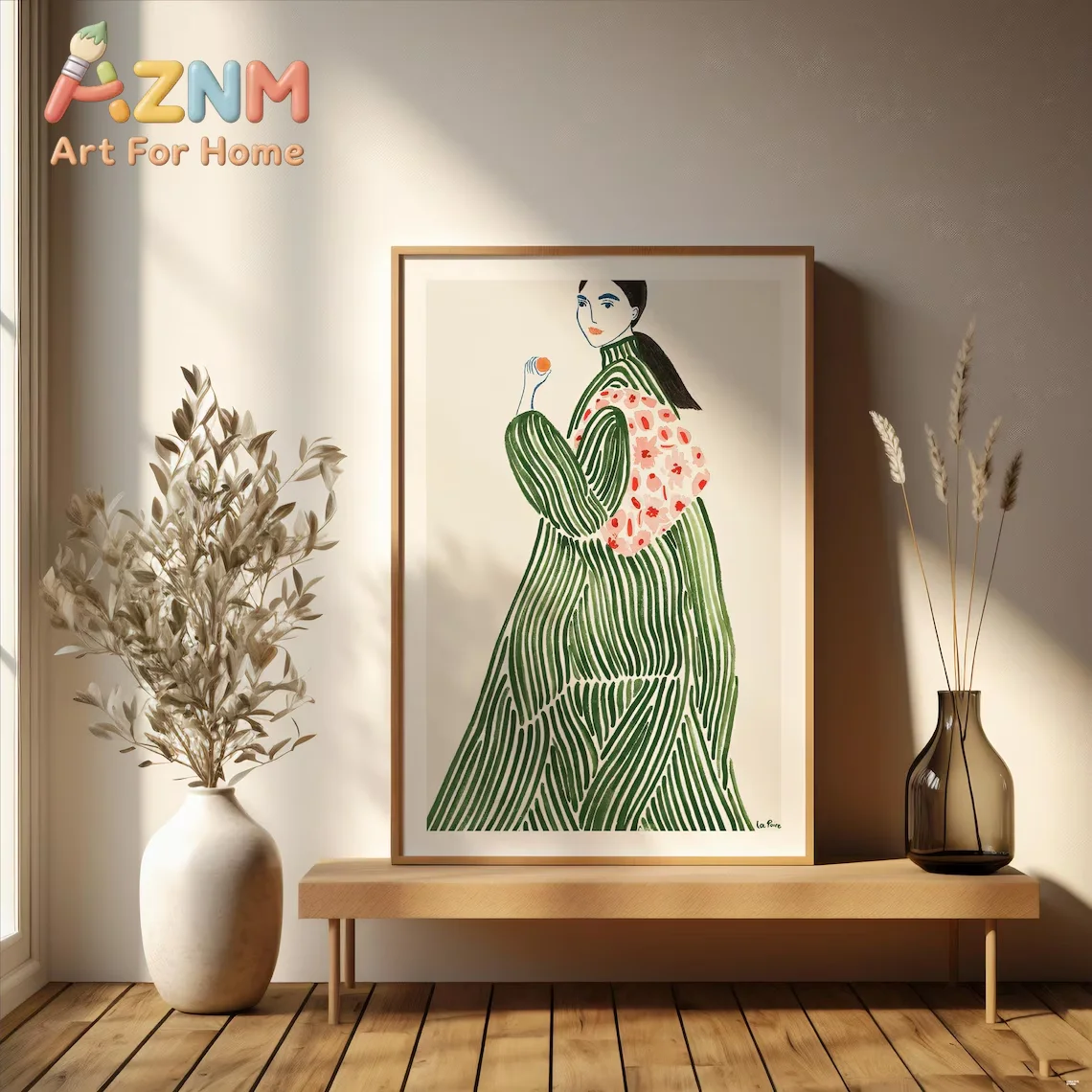 Boho Wall Art, La Poire Green Coat Wall Art, Abstract Line Art, Green Wall Art Digital Print, Home Decor, Instant Download, La P