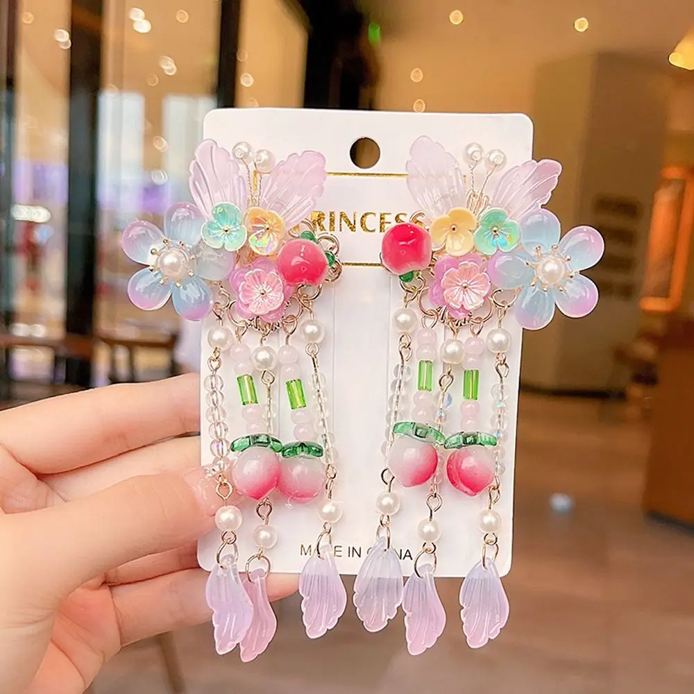 Adorable Fairy Pearl Flower Tassel Headdress Alloy Headwear Kids Girl Hairpin Chinese Style Hair Clip Hair Accessory