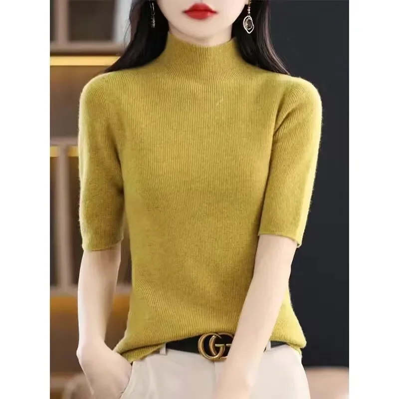 Women Sweater Spring Summer Knitted Pullovers Turtleneck Slim Fit Bottoming Shirts Short Sleeves Soft Knitwear Jumpers Sweaters