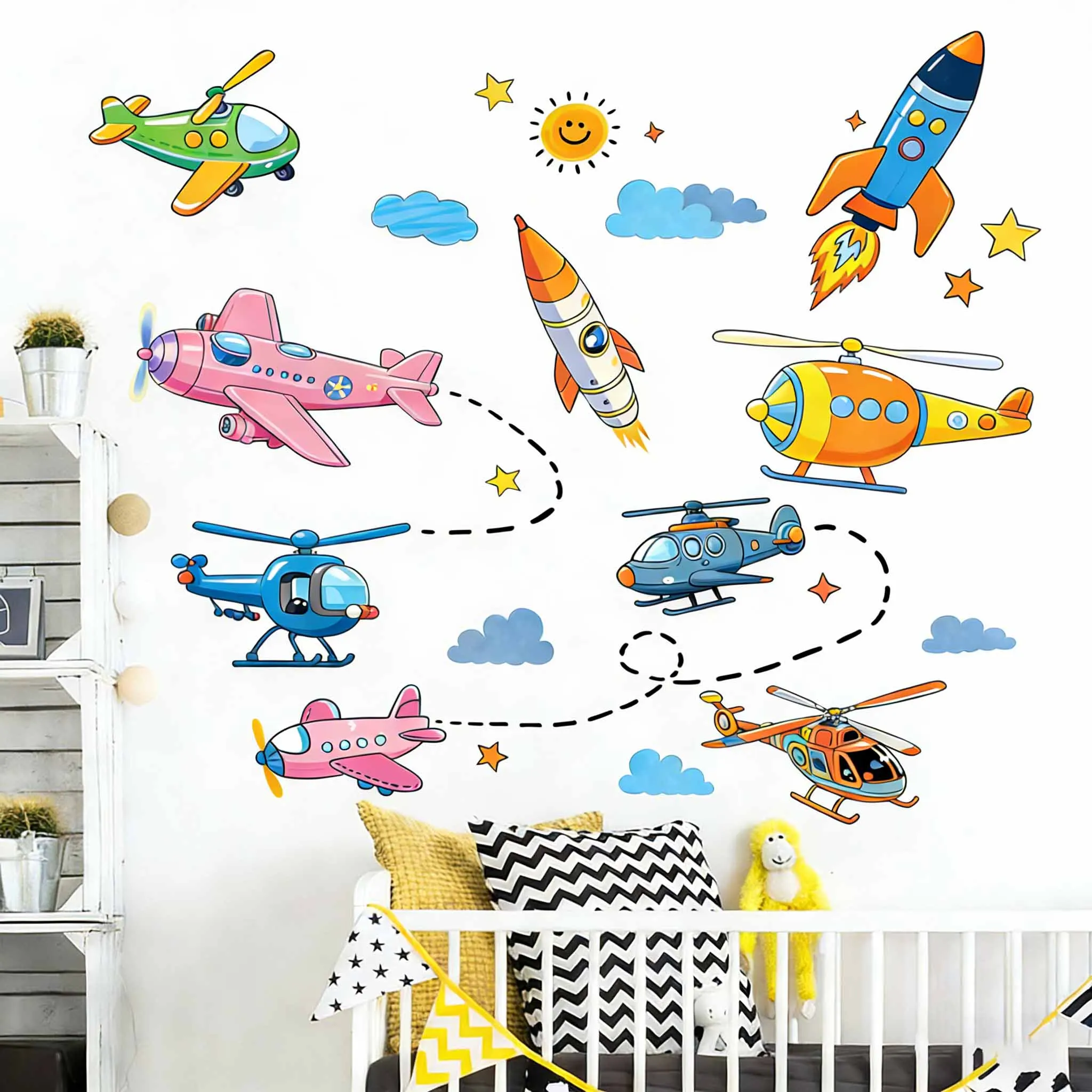 Cute Airplane & Rocket Wall Stickers, Cartoon Planes, Helicopters & Spaceships Decals for Boys Room